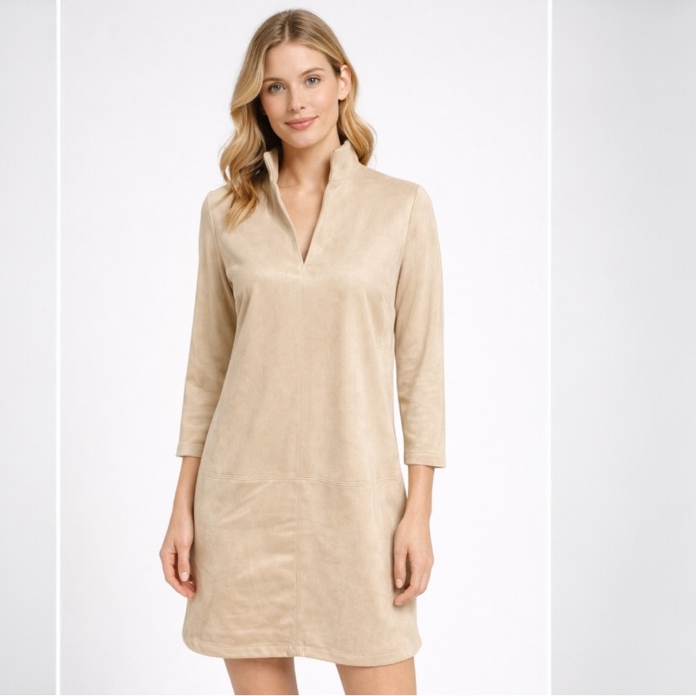 NWT TUCKERNUCK Faux Suede Shift Dress Sz Small Champagne Beige 3/4 Sleeve V-Neck